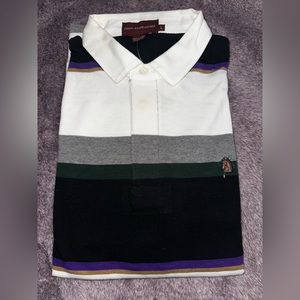 Chaps-Ralph Lauren polo shirt. Large, white with grey & blue horizontal stripes.